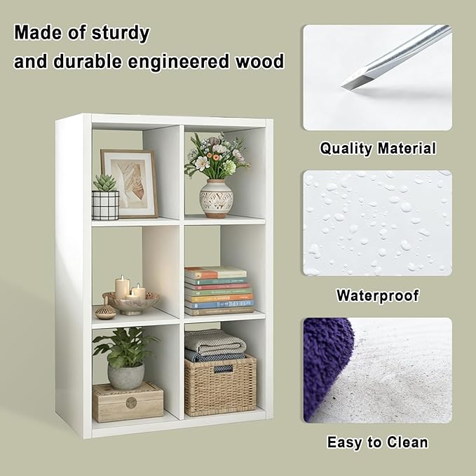 CTESNE【2026 Wooden Thick Frame 6 Cube Storage Organizer Shelf with Anti-Tipping Kits + Reversible Open Back Bookcase, Horizontal and Vertical Dual-use（White,11inch）