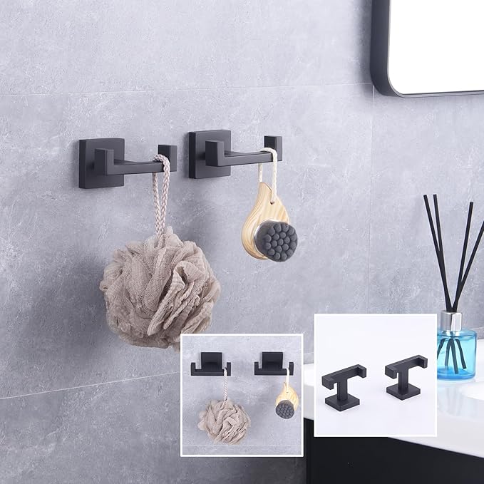 GERZWY Matte Black Bathroom Double Towel Hook Stainless Steel Coat/Robe Clothes Hook for Bath Kitchen Modern Hotel Style Wall Mounted 2 Pack AG1417B-BK