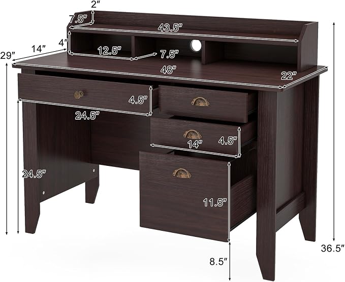 48" Vintage Computer Desk with 4 Storage Drawers & Top Hutch, Home Office Workstation with Drawer & Monitor Stand, Wooden Study Work Writing Table (Brown)