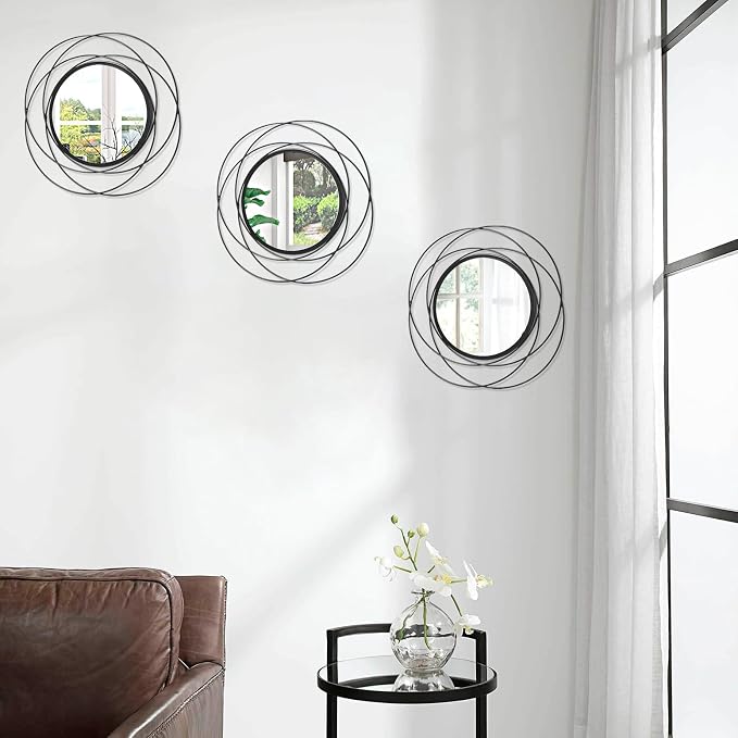3 Set Black Wall Mirror Black Small Round Decorative Mirrors, Circle Metal Art Mirror Home Decor Bathroom Vanity, Living Room or Bedroom 12”