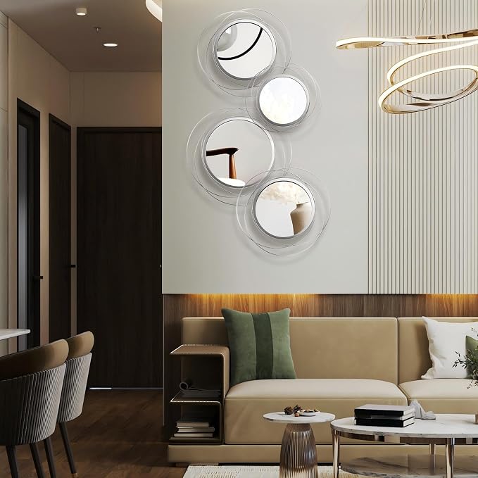 Hicarer 4 Pcs Decorative Wall Mirror Round Modern Mirror Circle Mirror Wall Art Ring Metal Mirror Wall Decor Wall Mounted Mirror for Bedroom Living Room Entryway Dining Room Hallway (Silver)
