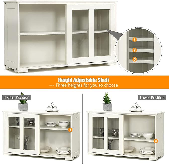 Sideboard Buffet Cabinet, Stackable Cupboard Storage Table with Adjustable Shelf & Glass Sliding Doors, Wooden Credenza Coffee Bar Cabinet for Kitchen/Dining Room/Living Room/Entryway (White)