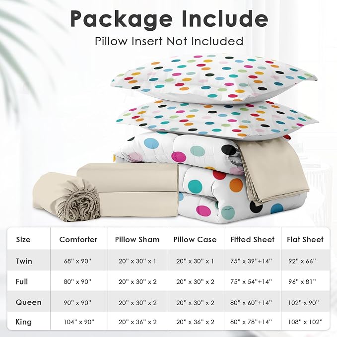 5Pcs Comforter Set Twin Size, Fun Colorful Polka Dots, Bedding Decor White Cute Girly Colored Circles Bedroom Bed Set Flat Sheet Fitted Sheet Pillowcases Shams for Kids Adults