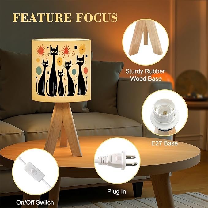 Tripod Table Lamp Mid Century Modern Atomic Cat Diamonds Black Retro Abstract Bedside Lamps Small Lamp Nightstand Lamp with Linen Lampshade Table Lamps for Bedroom Livingroom Nursery
