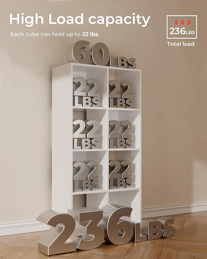 GTPLAYER 8-Cube Storage Organizer, Fits 11" Bins, Vertical or Horizontal Use, Opening Bookshelf, Partial Back Panels, Stackable Design Bookcase, for Living Room, Media Console, Hallway, White