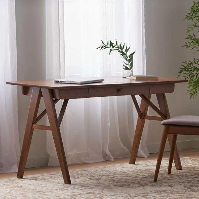 Hassyee Mid-Century Modern Style Writing Desk with Large Drawers, Computer Study Desk with Solid Rubberwood Legs for Home Office Workspace or Entryway (Walnut -1)