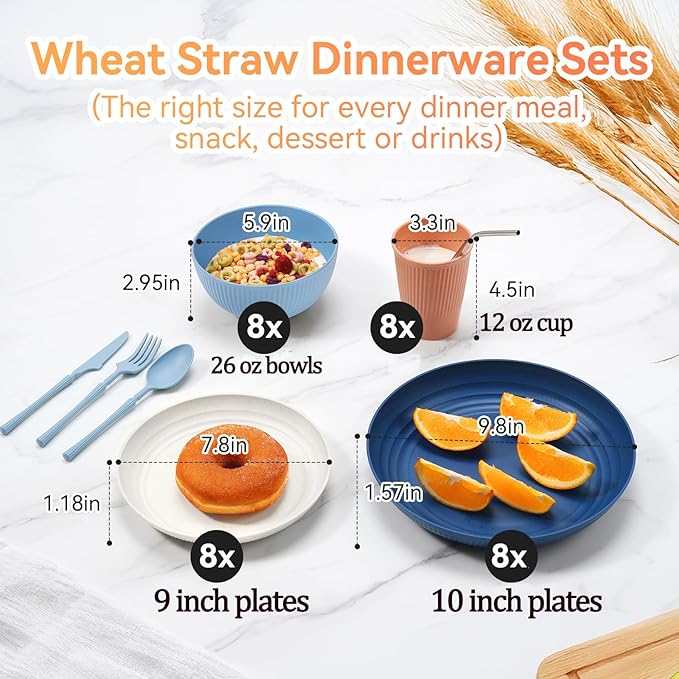 Wheat Straw Dinnerware Sets,64-Piece Plates and Bowls Sets for 8-Unbreakable,Reusable Plastic Dish Set-Dinner Plate/Dessert Plate/Cereal Bowl/Cup/Utensils-Dishwasher Safe 64P-JadePeak Lake Sunset