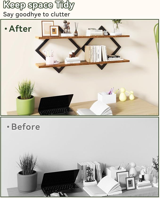 IBUYKE Floating Shelves,15 Inch Wall Shelf Set of 2,Wall Mounted Shelves,2 Tier Hanging Decorative Storage Shelf for Living Room, Bedroom, Bathroom, Kitchen TFS003H-2
