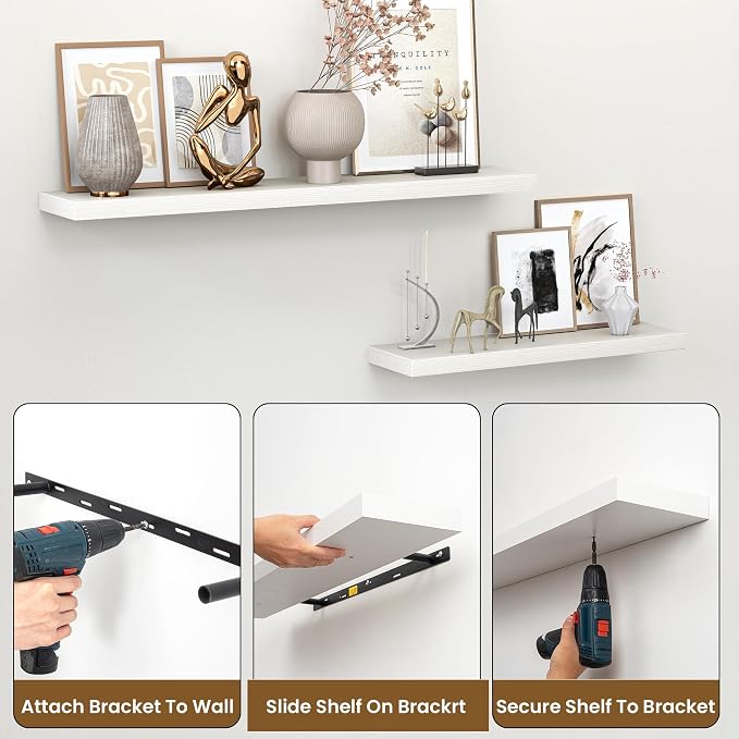 Heimlove 36 Inch Floating Shelves for Wall,Mounted Storage & Display Wood Shelves with Invisible Brackets,Hanging Shelf for Bedroom Living Room Kitchen Office,Set of 2,White