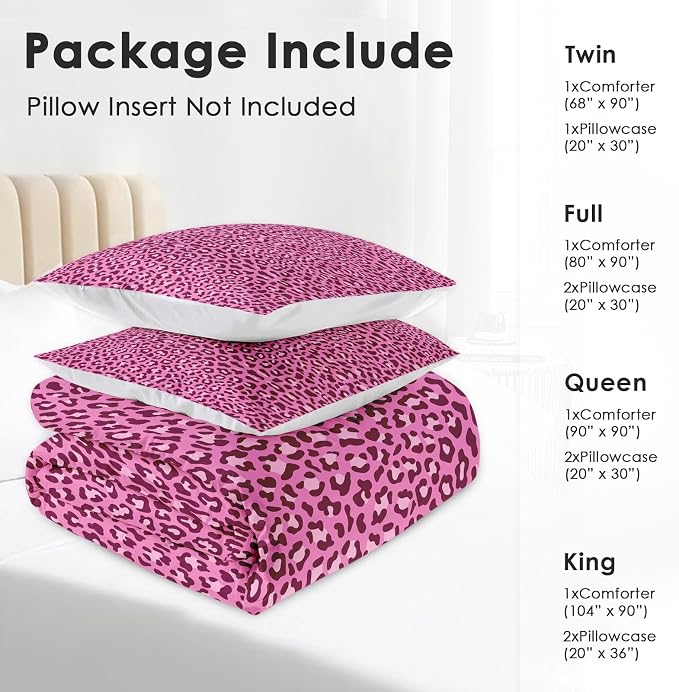 Comforter Set with 2 Pillowcases Queen Size, Pink Leopard Cheetah Print, Bed Decor Wildlife Animal Skin for Kids and Adults, Soft Cozy Bedroom Bedding Set