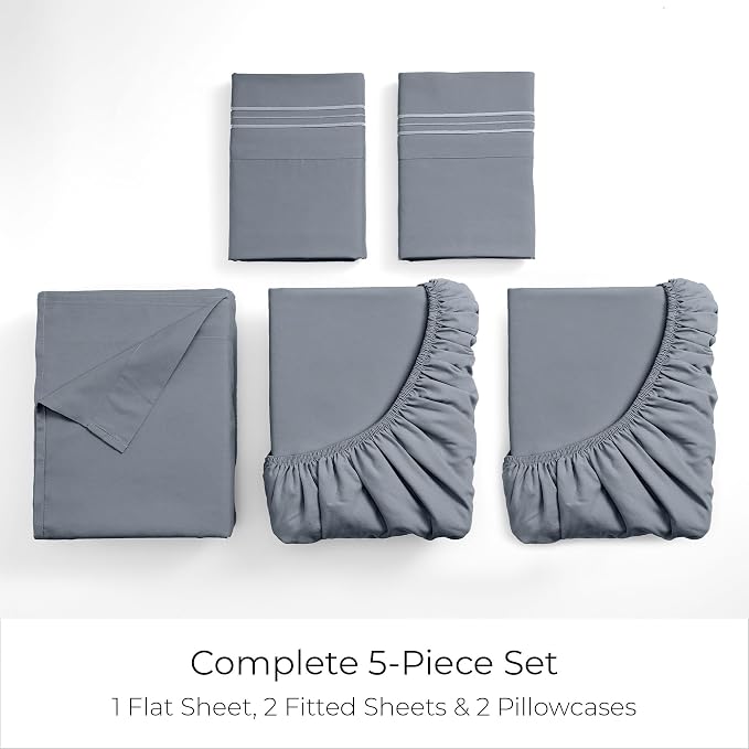 Mellanni Split King Sheets Set - 5 PC Iconic Collection Bedding - Hotel Luxury, Extra Soft, Cooling Bed Sheets - Wrinkle, Fade, Stain Resistant (Split King, Mineral Gray)