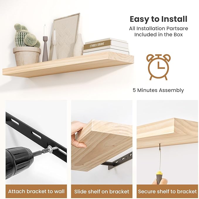 Fun Memories Wood Floating Shelves Set of 2, Rustic Pine Wood Floating Shelves for Wall Mounting, Wide Wall Shelf for Home Decor and Storage, 36" W x 7" D, Natural Unfinished, DIY Stain