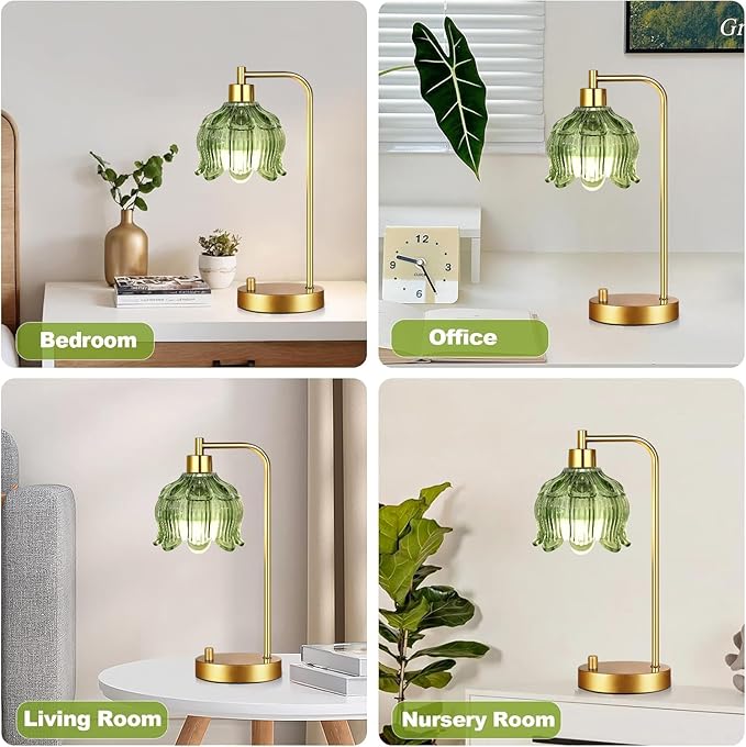 Glass Table Lamp Set of 2,Small Gold Bedside Lamps Dimmable Boho Bedroom Lamp with Tulip Flower Green Lamp Shade,Vintage Mid Century Modern Mini Nightstand Lamp for Bedroom Living Room