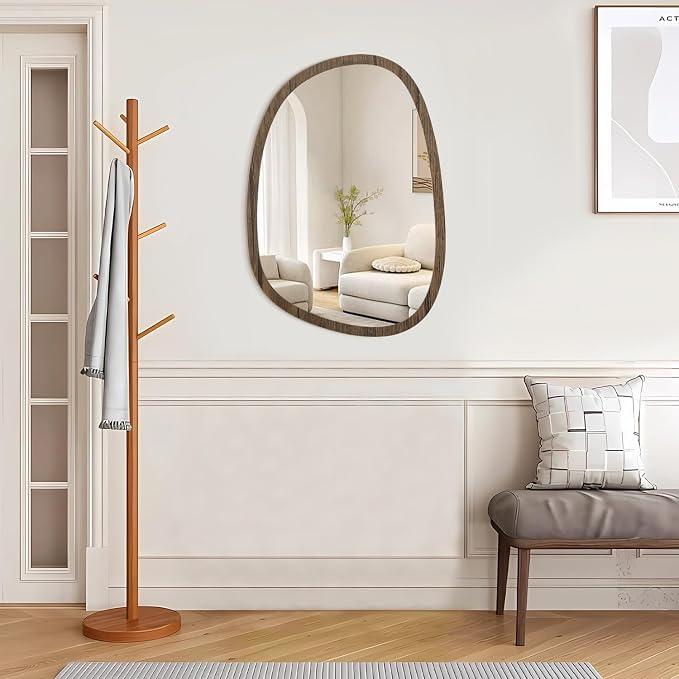 Brown Irregular Wooden Framed Mirror Hanging Asymmetrical Mirror for Wall Modern Wall Mirror Unique Shape Decorative Vanity Bathroom Living Room Bedroom Entryway Hallway Artistic Oval Mirror