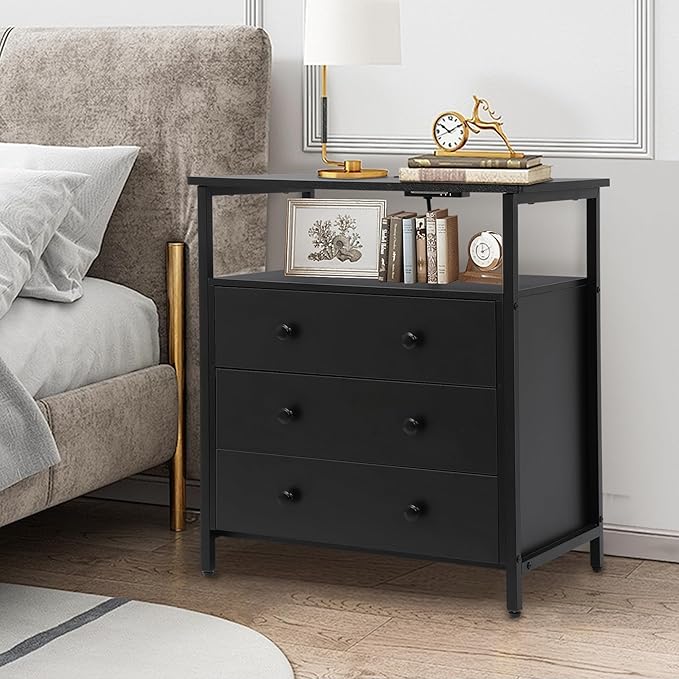 3 Wooden Drawers Nightstand, 27 Inch Wide Night Stand Set 2 with Charging Station and Adjustable Drawers, Small Dresser for Closet, Bedside Table for Living Room/Bedroom/Office, Black.