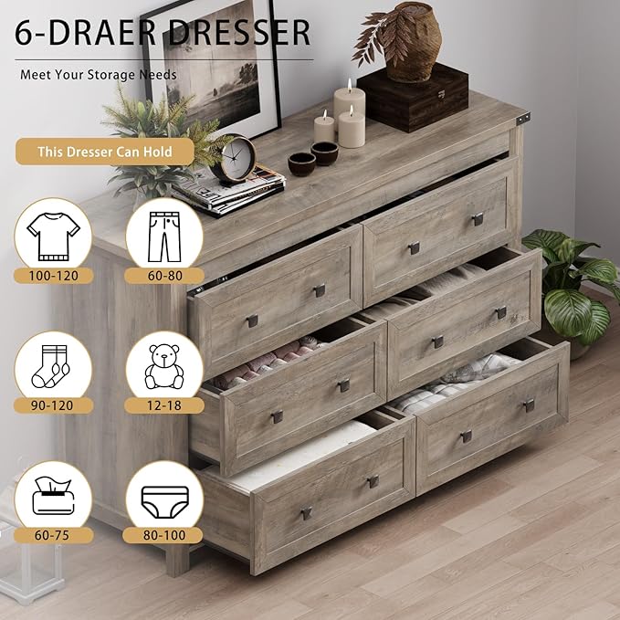 6 Drawer Dresser for Bedroom, Grey Modern Dressers & Chests of Drawers with Metal Handles, Closet Storage Dresser, Storage Cabinet and Organizer with Drawers, Gray