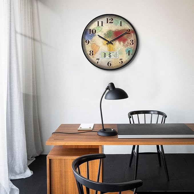Vintage World Map Wall Clock, 12 Inch Silent Non-Ticking Battery Operated Analog Clock with LCD Date Day Temp Display, Decorative for Living Room, Bedroom, Kitchen, Study, Dining Room