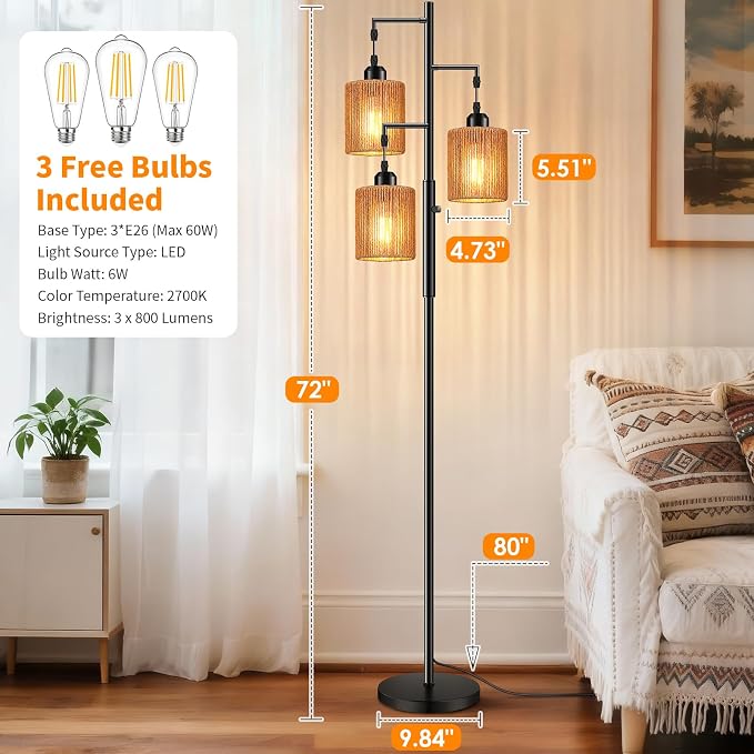 Hotsonic 72" Tall Boho Rattan Style Floor Lamp with Hand-Woven Paper Cord Shade, Dimmable Industrial Tree Standing Lamp for Living Room, Bedroom, Study Room, Office (3 x 800LM Bulbs Included) - Black