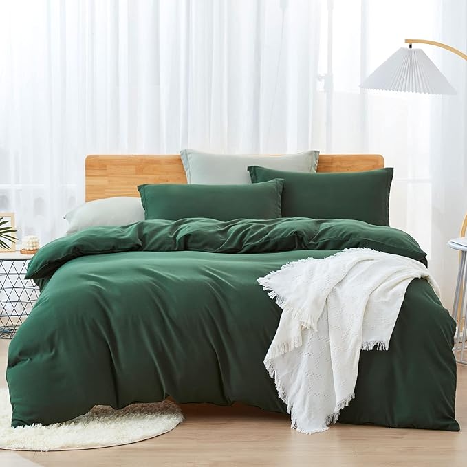 Dreaming Wapiti Duvet Cover Queen,Washed Microfiber Dark Green Queen Size Duvet Cover Set,Solid Color - Soft and Breathable with Zipper Closure & Corner Ties (Dark Green, Queen)