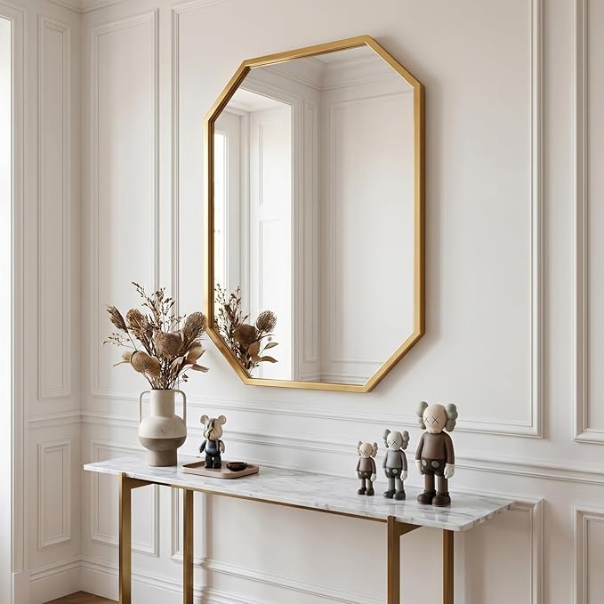 20 x 28 Inch Gold Octagon Wall Mirror, Modern Metal Framed Octagonal Bathroom Mirror, Decorative Wall Mounted Mirror for Vanity, Living Room, Bedroom & Entryway