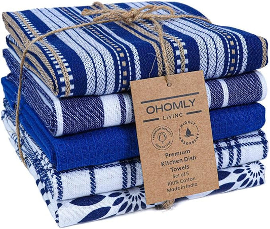 Assorted Kitchen Towels Set of 5-100% Cotton Dish Cloths Towels with Hanging Loop - Soft, Absorbent & Washable for Kitchen Use - Quick Drying Dish Towels 16x26 Inch Blue