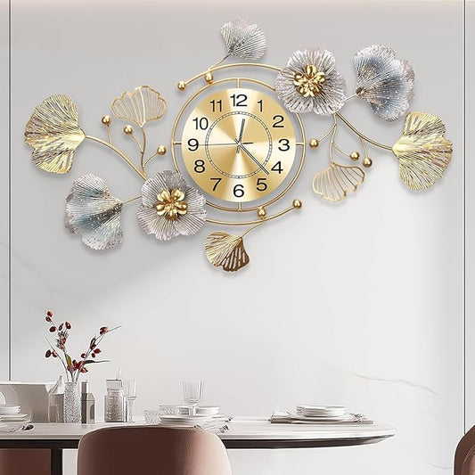 Clocks for Living Room, Large Wall Clock, 3D Silent Wall Clock, Retro Metal Ginkgo Leaf Design, for Bedroom Kitchen Decorative Wall Clocks（47''x23'' ）