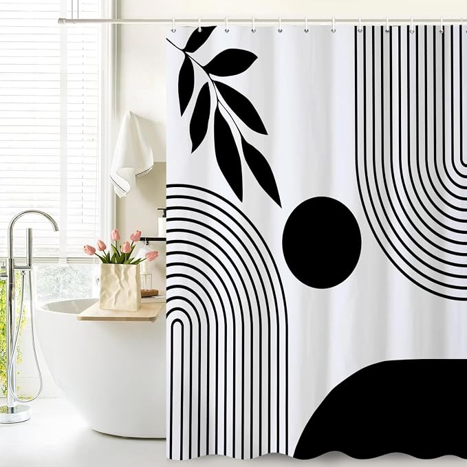 Boho Shower Curtain Mid Century Modern Shower Curtains for Bathroom Black and White Geometric Minimalist Abstract Bohemian Waterproof Fabric Bathroom Shower Curtain Set 60x72 Inch
