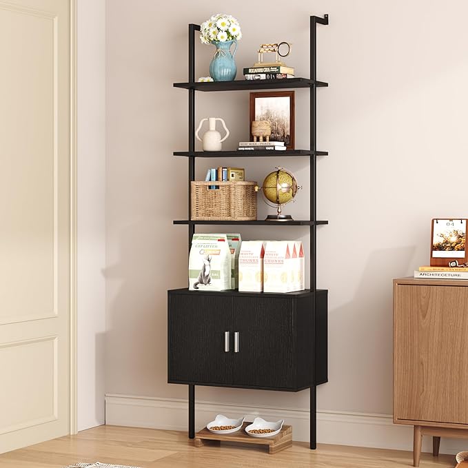 Yusong 73" Tall Bookshelf with Cabinet, Industrial Ladder Wall Mount Shelf Bookcase with Wood and Metal Frame, Plant Shelf Wall Storage Display for Living Room Bedroom, Black Wood Grain