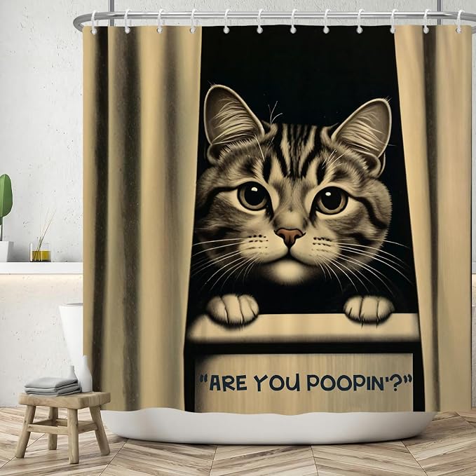 Cat Shower Curtains Cute are You Poopin' Funny Humorous Animal Whimsical Bathroom Curtain Curious Joke Cat Shower Curtain Sets for Bathroom Extra Long 72x78 in with 12 Hooks
