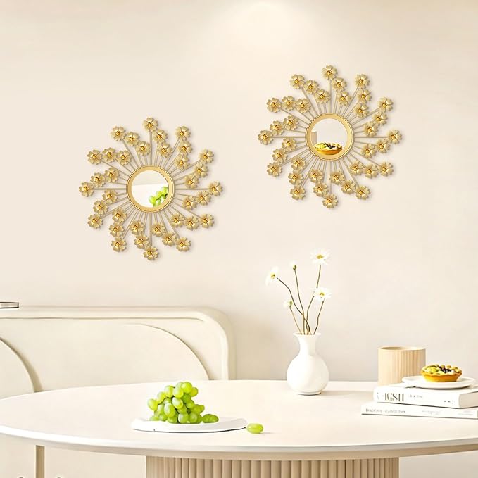 2 Pack Metal Mirrors for Wall Boho Sunburst Wall Mirror Home Decor Modern Decorative Wall Art for Bedroom Living Room Entryway