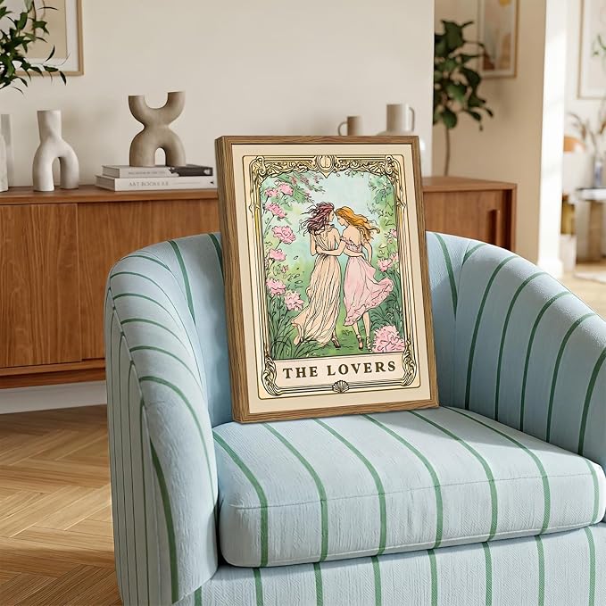 Trendy The Lovers Tarot Card Wall Art Vintage Girl Wall Decor Painting, Mid Century Couples Poster Canvas Print Picture for Living Room Bedroom 12x16 inch Wood Framed