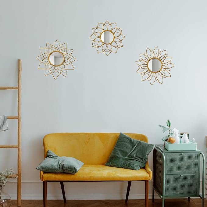 Champagne Gold Round Mirrors for Wall Pack of 3 - | 9 inch Decorative Mirrors for Valentine Wall Decor& Vintage Room Decor | Circle Mirror Modern Valentine Gifts for Women & Moms
