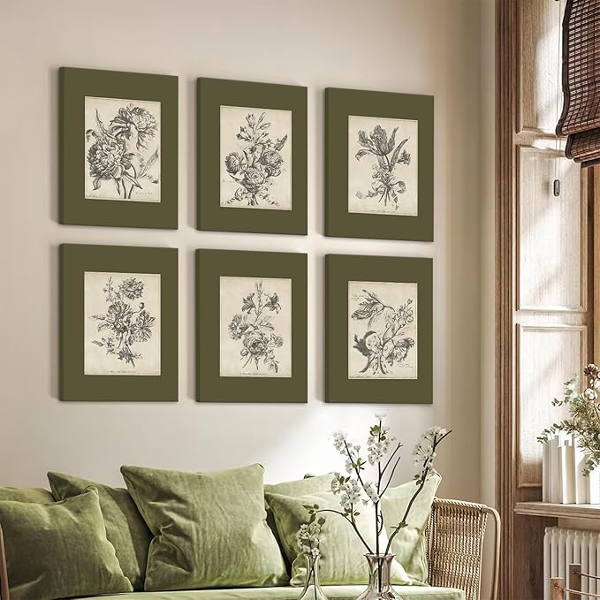 Vintage Floral Wall Art Sketch Flower Prints Antique Botanical Canvas Wall Art Decor Vintage Etchings Floral Poster Green Botanical Painting Sage Green Artwork for Bedroom 12x16x6 Inch Wrapped Canvas