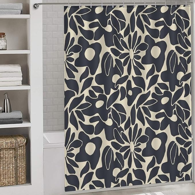 Mid Century Abstract Flower Shower Curtain Vintage Boho Black Floral Art 70s Pattern Washable Waterproof Fabric for Bathroom Decor Bathtub with 12 Hooks 66x72in（168x183cm）