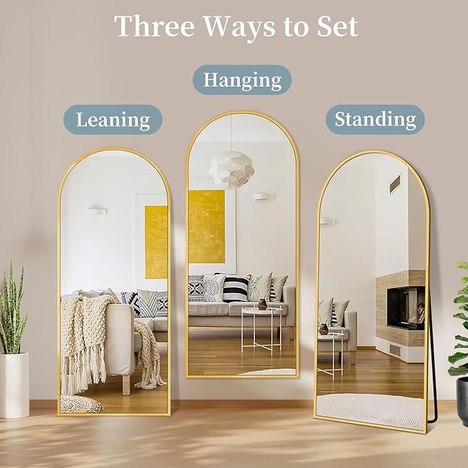 Full Length Mirror with Stand, 68"x26" Arched Full Body Mirror, Large Stand Up Mirrors, Aluminum Frame Floor Standing Mirrors, Freestanding Hanging Leaning Mounted for Bedroom Living Room Gold