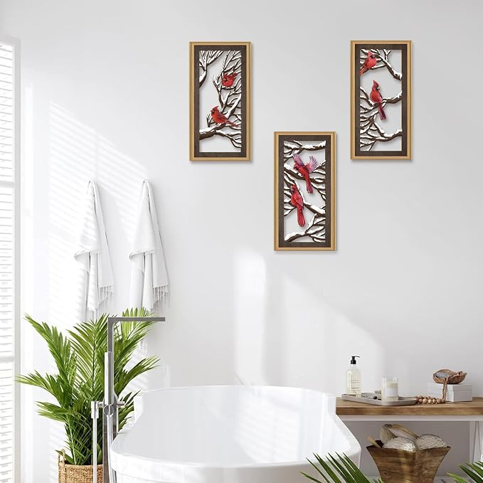 Ausril 3 Pcs Red Birds Wall Decor,Abstract Cardinal Wood Wall Art Bohemian Winter Xmas Hanging Decor Tree Branch Artwork Decoration for Farmhouse Bedroom Living Room 7.9 x15.8 Inch