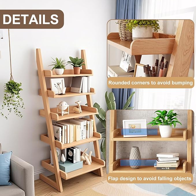 Ladder Shelf Bookcase, 5 Tier Wooden Ladder Bookshelf Space-Saving, Freestanding Storage Rack Organizer for Living Room, Home Office and Bedroom, Wood Color