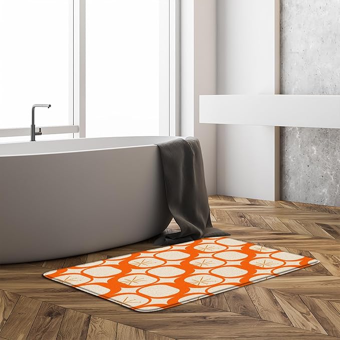 Mid Century Modern Bath Mat Abstract Atomic Geometric Retro 1950s Orange Bathroom Kitchen Toilet Rugs,18x30 Inch