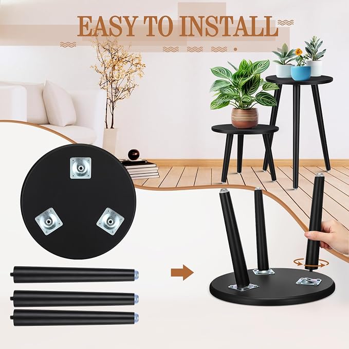 Briwooody 2 Pcs Indoor Plant Stand Mid Century Vintage Wood Modern Flower Pots Holder Round Side Table End Table Plant Stools for Living Room Corner Balcony Decor(Black)