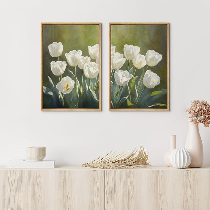 IDEA4WALL Framed Canvas Print Wall Art Set White Tulip Floral Botanical Bloom Illustrations Modern Art Decorative Bohemian Calm/Zen for Living Room, Bedroom, Office - 24"x36"x2 Natural