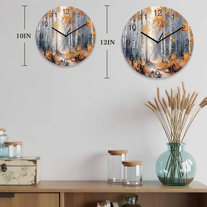 Yellow Forest Painting Art Style Wall Clock Battery Operated Non-Ticking 10" Round Wood Clocks, Kitchen Wall Clock for School Bathroom Living Room Home Office Wall Decor