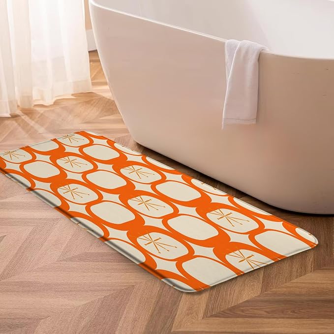 Mid Century Modern Bath Mat Abstract Atomic Geometric Retro 1950s Orange Bathroom Kitchen Toilet Rugs,24x71 Inch