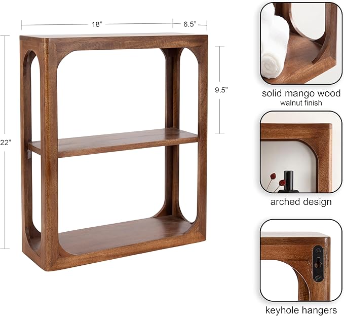 Kate and Laurel Dahl Modern Mango Wood Tiered Wall Shelf, 18 x 7 x 22, Walnut Brown, Decorative Over The Toilet Shelf for Use as Bathroom Storage or Living Room Display Shelving