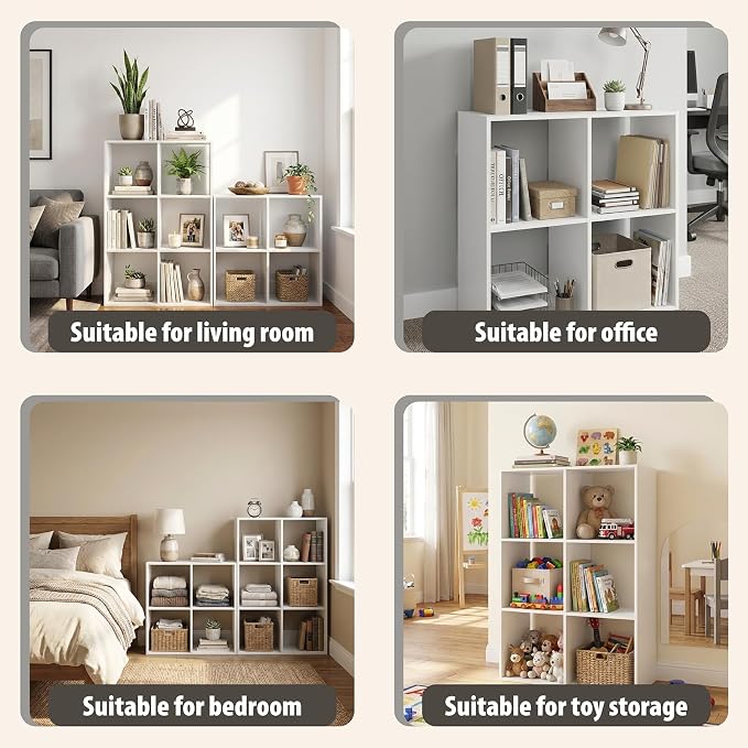 Endearing Limons【2026 Wooden 4 Cube Shelf Storage Organizer with Anti-Tipping Kits + Reversible Open Back Solid Panel Bookcase (11 x 11 Unit Cell White)
