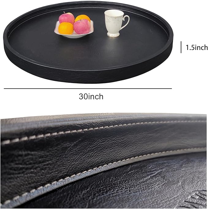 30 x 30 High-End Light Luxury Leather Round Oversized Tray - Ottoman Coffee Food Serving for Family Dinner, Outdoor Picnic & Party Essentials | Versatile Home Decor Tray(30 inch Black)