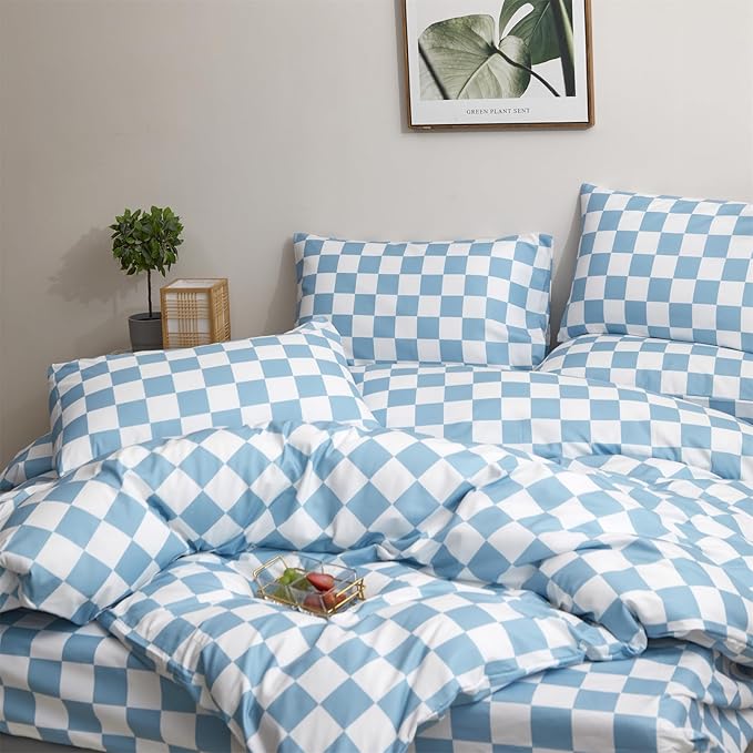 Pureant Blue and White Plaid Comforter Set California King Blue Checkerboard Grid Bedding Comforter Sets Blue Buffalo Grid Cal King Comforter for Women Men Soft Checkered Geomertic Comforter Sets