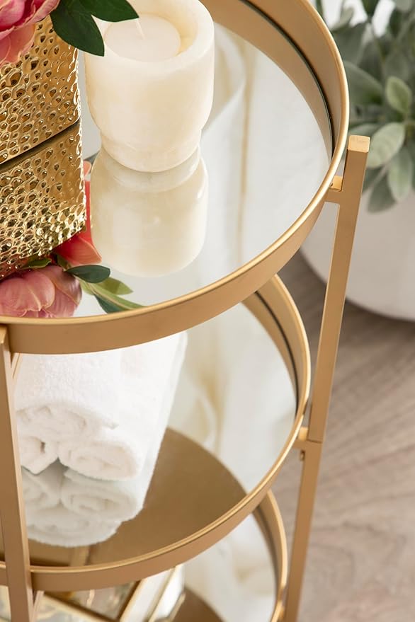 Kate and Laurel Celia Modern 3-Tier Bar Cart, 16 x 16 x 29, Gold, Decorative Round Rolling Serving Cart with Lockable Wheels and Three Tiers of Storage and Display Space
