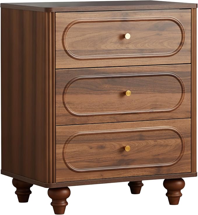 ORRD 3 Drawer Fluted Dresser for Bedroom Set of 2, Mid Century Modern Chest of Drawers, Wood Storage Small Dresser Organizer for Bedroom Living Room Hallway Closet, Walnut