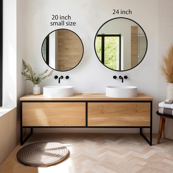 Sunniry Black Circle Mirror, Round Bathroom Mirror 20 inch, Round Wall Mirror Matte Metal Frame, Circle Mirrors for Bathroom, Vanity, Bedroom, Hallway.