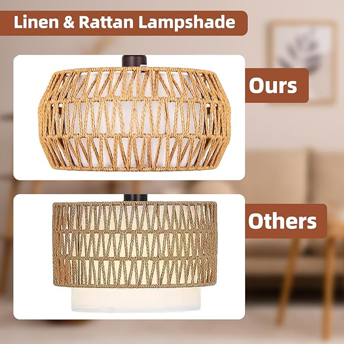Rattan Standing Lamp with Remote and Dimmable Bulb, Bronze Arch Floor Lamp, Over Couch Lamp with Foot Switch, Brown Boho Lamp for Living Room, Bedroom, Office, Classroom
